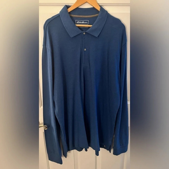 NWT Eddie Bauer Men’s Blue Long Sleeve Polo Shirt Size Large Tall - Picture 1 of 5